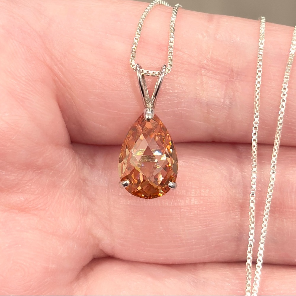 14K Citrine Teardrop Pendant, White Gold, Rose Pear Cut, Yellow Orange Cognac - Picture 3 of 16